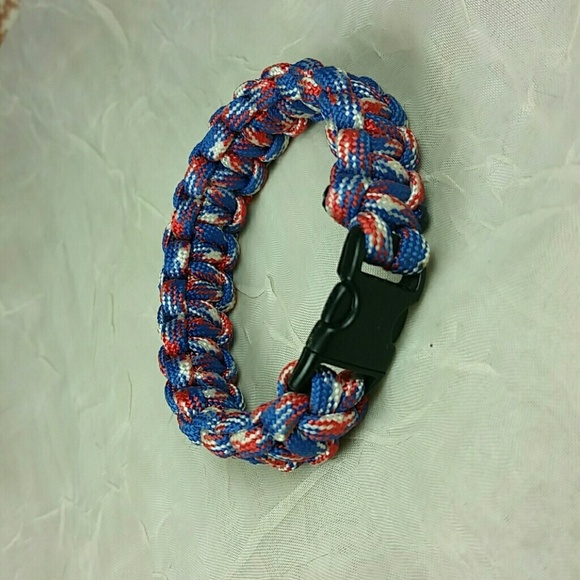 Patriotic Red White Blue Paracord Survival Bracelet 8.5" Outdoor Camping Gear - Picture 2 of 7